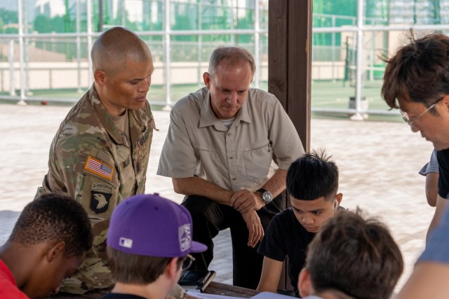 U.S. Army Garrison Daegu&#39;s Senior Enlisted Leader Command Sgt. Maj. Jonathon J. Blue and Safety Manager Randy Ross discuss the proposed layout and design of a skate park at Camp Walker, Republic of Korea, July 27, 2022. The USAG Daegu Directorate of Public Works invited skateboarders from the community to help design the park, which is scheduled to be completed in fall 2022.