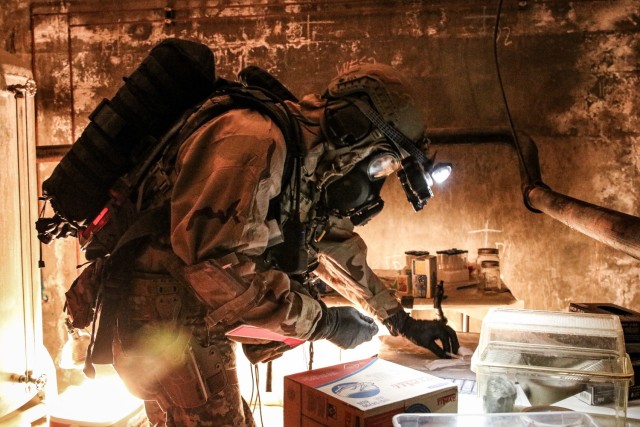 A Soldier from the 56th Chemical Reconnaissance Detachment (CRD), 4th Battlion, 5th Special Forces Group (Airborne), conducts sensitive site exploitation training during their 1st Special Forces Command validation exercise in Dugway, Utah, from Aug. 2, 2021 to Aug. 13, 2021. The exercise evaluates each CRD&#39;s technical and tactical skillsets in order to deploy in a combat environment.