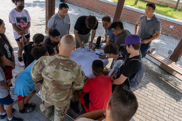 U.S. Army Garrison Daegu personnel discuss the proposed layout and design of a skate park with community members at Camp Walker, Republic of Korea, July 27, 2022. The USAG Daegu Directorate of Public Works invited skateboarders from the community...