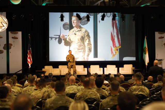 The Chief of Staff of the Army, Gen. James McConville, takes questions from the audience following his opening keynote remarks at day two AUSA Warfighter Summit and Exposition, July 28 at the Crown Complex, Fayetteville, NC.