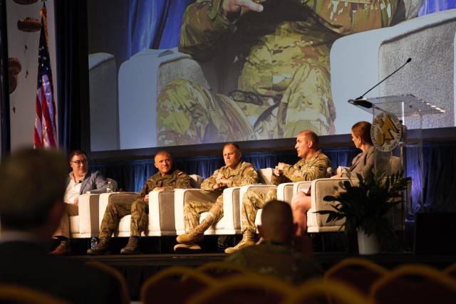 Panel members from the “Changing Character of Warfare” Contemporary Military Forum,“ from left to right: Dr. Sean McFate, Senior Fellow from the Atlantic Council; Maj. Gen. Adam Joks, Deputy Commanding General – Interoperability for V Corps; Maj. Gen. Christopher LaNeve, Commanding General of the 82nd Airborne Division; Gen. Andrew Poppas, U.S. Army Forces Command Commanding General; and moderator, Lt. Cmdr. Nicole M. Winget, Assistant Dean of Student Life & Support, Site Supervisor, Adjunct Professor of Homeland Security and Criminal Justice, Campbell University. 