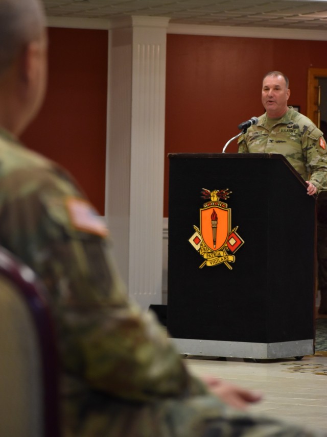 Col. James D. Turinetti IV, outgoing commandant and 41st chief of Signal,  delivers remarks after relinquishing his responsibilities to Col. Paul D. Howard, incoming commandant and 42nd Chief of Signal.