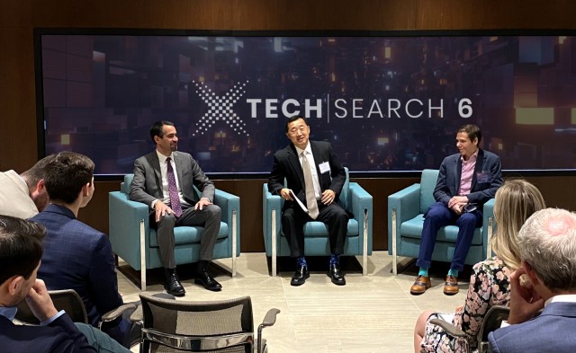 (From left) Chief of strategic partnerships at Army Research Laboratory, Zeke Topolosky, principal deputy for the Assistant Secretary of the Army for Acquisition, Logistics and Technology, Young J. Bang, and Director of Army prize competitions and Army Applied SBIR Program, Dr. Matt Willis, take questions from participants during the xTechSearch 6 competition finals held May 10-12 in Arlington, Virginia. (U.S. Army)