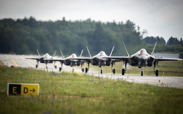 Four U.S. Air Force F-35A Lightning II aircraft assigned to the Vermont Air National Guard’s 158th Fighter Wing depart Spangdahlem Air Base, Germany, to support the NATO air shielding mission alongside French, British, Estonian and Belgium...