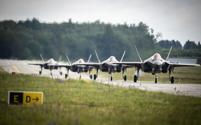 Four U.S. Air Force F-35A Lightning II aircraft assigned to the Vermont Air National Guard’s 158th Fighter Wing depart Spangdahlem Air Base, Germany, to support the NATO air shielding mission alongside French, British, Estonian and Belgium allies at Amari Air Base, Estonia, July 6, 2022. Exercises and deployments that utilize ACE concepts ensure U.S. air forces in Europe are ready to protect and defend partners, allies and U.S. interests at a moment’s notice and generate lethal combat power should deterrence fail. (U.S. Air Force courtesy photo)