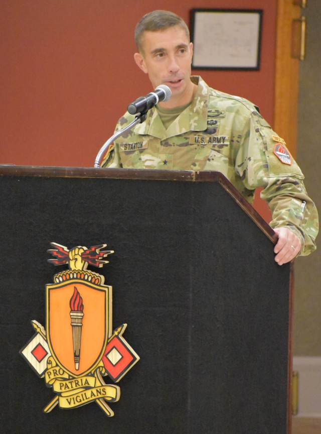 Brig. Gen. Paul T. Stanton, Cyber Center of Excellence and Fort Gordon commanding general, presides over the U.S. Army Signal School change of responsibility ceremony on July 15.