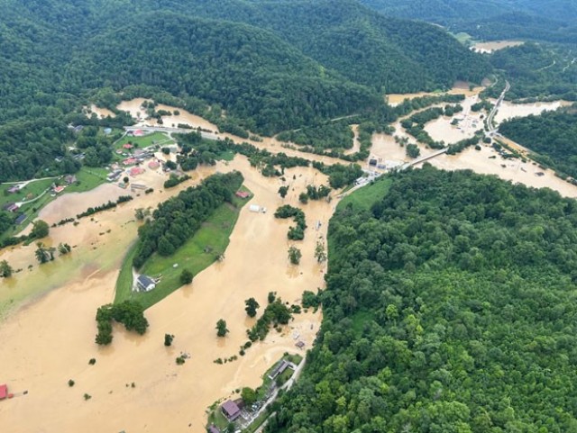 An aerial view of flash flooding in eastern Kentucky taken by Tennessee Army National Guard aircrew in a Black Hawk helicopter July 28, 2022. The Tennessee Guard sent five helicopters and crew to assist with rescue efforts. (Tennessee National Guard)
