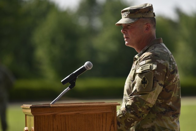 Col. Joseph Goetz speaks during the change-of-commandant ceremony July 29 on the Maneuver Support Center of Excellence Plaza. Goetz comes to Fort Leonard Wood from the Pentagon, where he served as the director of the Office of the Chief of Engineers. 