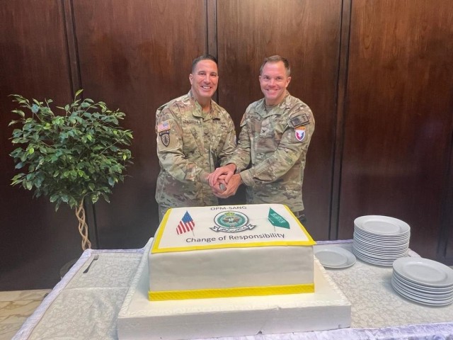The Office of the Program Manager-Saudi Arabian National Guard welcomed Col. Michael J. Trotter (left) as the new Program Manager and bid farewell to Col. Kenneth J. Burgess (right) at a Change of Responsibility ceremony conducted at the Ministry of National Guard Headquarters in Riyadh, Saudi Arabia, July 28, 2022. Distinguished guests included Maj. Gen. Thomas D. Crimmons, U.S. Senior Defense Official and Defense Attache, U.S. Embassy Riyadh; His Royal Highness Lt. Gen. Nayif Bin Majid Bin Saud Al Saud, Chief of Military Organization of the National Guard, and Brig. Gen. Jason Brad Nicholson, commanding general of the U.S. Army Security Assistance Command.