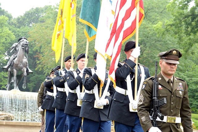 The Fort Leavenworth Color Guard — consisting of Sgt. 1st Class Eric Anzur, Headquarters and Headquarters Company, Special Troops Battalion; Sgt. Tyler Johnson, HHC, STB; Sgt. Kyle Boals, Medical Department Activity; Spc. Colton Freeberg, 500th Military Police Detachment, STB; Staff Sgt. Jamesen Buff, S3, Mission Command Training Program; Staff Sgt. Carlos Alvarez, Operations Group Bravo, MCTP; and Sgt. Marco Garcia, MEDDAC — retires the colors at the conclusion of a ceremony marking the 30th anniversary of the Buffalo Soldier Monument’s dedication July 28 in the Buffalo Soldier Commemorative Area at Fort Leavenworth, Kan.