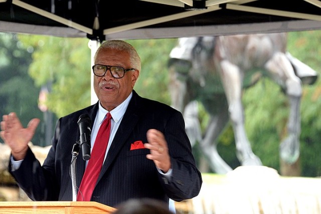Guest speaker retired Navy Cmdr. Carlton Philpot delivers remarks during a ceremony marking the 30th anniversary of the Buffalo Soldier Monument’s dedication July 28 in the Buffalo Soldier Commemorative Area at Fort Leavenworth, Kan.