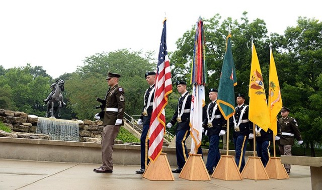 The Fort Leavenworth Color Guard — consisting of Sgt. 1st Class Eric Anzur, Headquarters and Headquarters Company, Special Troops Battalion; Sgt. Tyler Johnson, HHC, STB; Sgt. Kyle Boals, Medical Department Activity; Spc. Colton Freeberg, 500th...