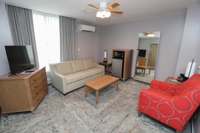 A renovated living room can be seen in one of the rooms inside Hardy Barracks at Akasaka Press Center, Japan, July 28, 2022. The recreational lodge recently remodeled its 35 rooms that are roughly twice the size of those at hotels outside the installation.