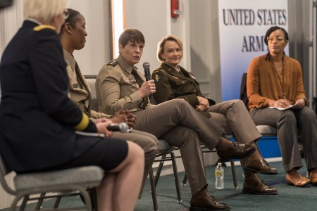 Lt. Gen. Maria Gervais discusses authentic leadership as part of a panel during the Joint Women&#39;s Leadership Symposium, July 12, 2022. From left, Maj. Gen. Jill Faris, Col. Antoinette Grant, Lt. Gen. Maria Gervais, Brig. Gen. Mary Krueger, Mrs. LaCresha Snow. 