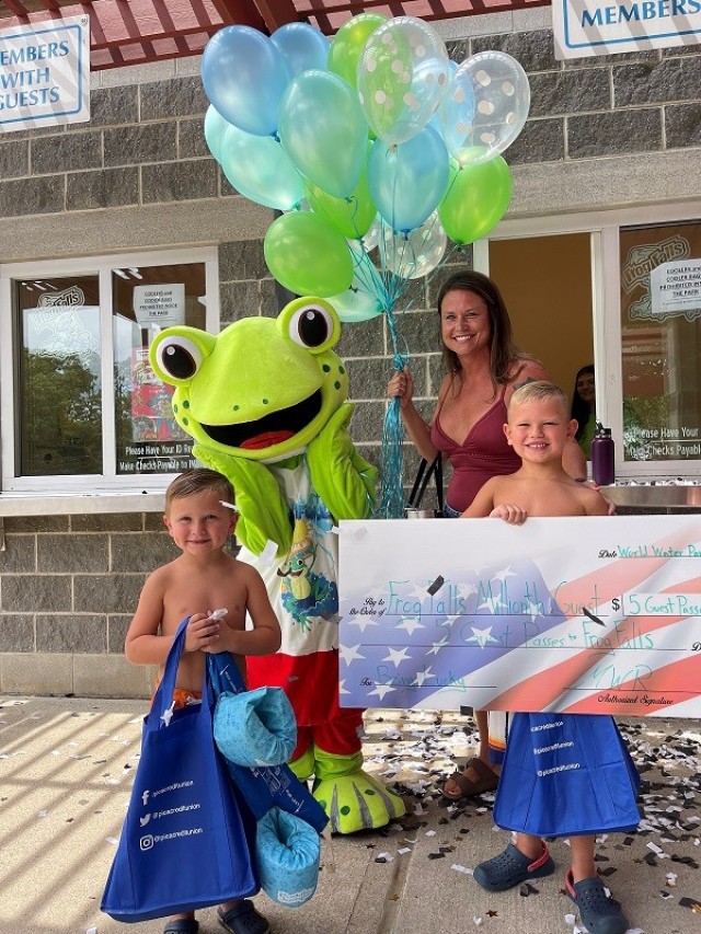 Shannon Zaremba of Sparta, and her two boys, Gavin and Dillion, were surprised as Picatinny Arsenal Frog Falls Aquatic Park celebrated 1 million customers on National World Water Park Day.