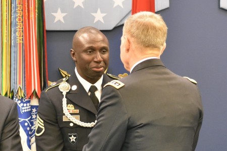 Then Vice Chief of Staff of the Army Gen. James McConville recognizes Staff Sgt. Mohamed Kaba as one of the top recruiters in the Army during a ceremony at the Pentagon Hall of Heroes Feb. 4, 2019.

Kaba is one of more than 9,000 recruiters around the world who helped the U.S. Army hire more than 80,000 individuals for full-time and part-time careers in the active Army and Army Reserve in 2018. 