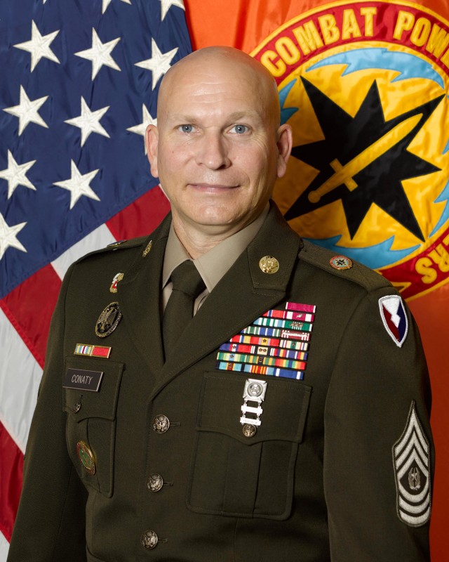 Official portrait of Command Sgt. Maj. Michael Conaty, U.S. Army Communications-Electronics Command. 