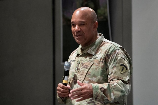 Gen. Daryl Williams, Commanding General of U.S. Army Europe and Africa, speaks to the audience at the Cyber Security Summit held in Wiesbaden, Germany, July 26-28, 2022. The Summit brought professionals from military and civilian backgrounds throughout the world to discuss cyber security practices and technology that will increase capabilities and readiness for the U.S. Army as well as partner nations throughout Europe and Africa. 