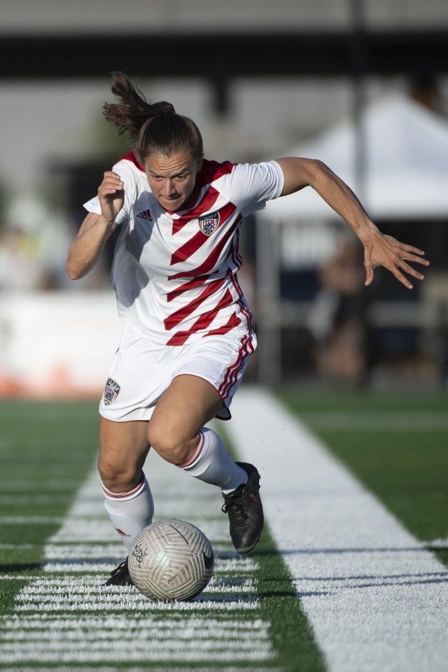 Capt. Kailey Utley sprints upfield during the 2-1 U.S. victory over Germany at the 2022 World Military Women&#39;s Football Championship in Spokane, Wash. Utley scored a goal in the contest. 