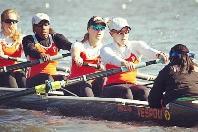 Gabrielle Cole, 2nd from left, and other rowers from Princeton University’s female crew team go head-to-head with Brown University during a 2010 race.