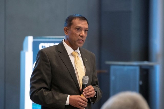 Dr. Raj Iyer, Chief Information Officer for the U.S. Army, speaks to the audience at the Cyber Security Summit held in Wiesbaden, Germany, July 26-28, 2022. The Summit brought professionals from military and civilian backgrounds throughout the world to discuss cyber security practices and technology that will increase capabilities and readiness for the U.S. Army, as well as partner nations throughout Europe and Africa.