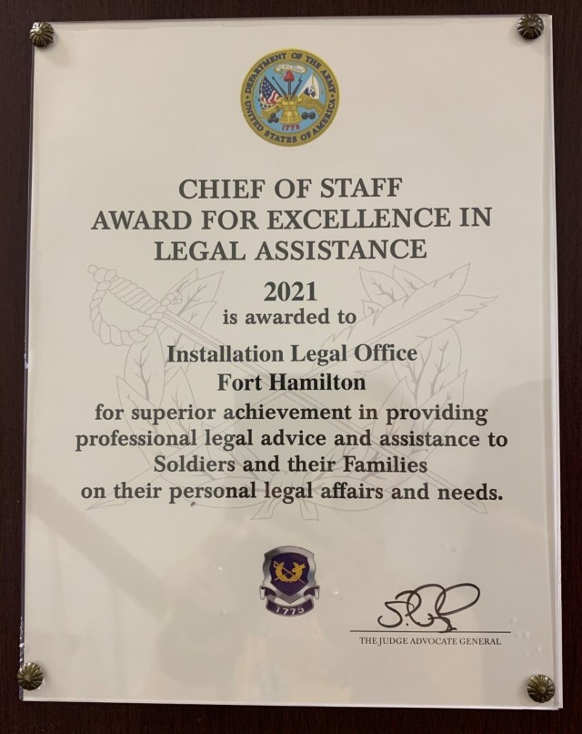 Fort Hamilton’s Legal Assistance Team wins Army level award