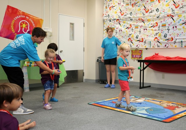 Children play a game during a Vacation Bible School at Camp Zama, Japan, Aug. 9, 2022. More than 140 children from the Army community participated in the annual program, which provided children the chance to meet friends while learning a variety of religious lessons.