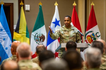 U.S. Army South Commanding General, Maj. Gen. Willaim Thigpen, Multinational Forces South (MNF-S) commander for PANAMAX 2022, addresses participants of Combined Forces Land Component Command and MNF-S during the closing ceremony of PANAMAX 2022 on Joint Base San Antonio-Fort Sam Houston, August 10, 2022. PANAMAX is a U.S. Southern Command-sponsored multinational command post exercise aimed at reinforcing and enhancing the long-term security of the Panama Canal and the Western Hemisphere. This iteration of the exercise had 19 partner nation security forces working alongside U.S. Armed Forces and took place at bases in Texas, Florida, Virginia and Arizona. (U.S. Army photo by Spc. Joshua Taeckens)