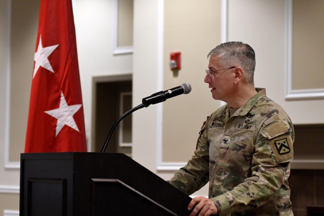 New Combined Arms Center-Training Deputy Commander Col. Scott Woodward speaks during his assumption of responsibility ceremony Aug. 12, 2022 at the Frontier Conference Center, Fort Leavenworth, Kan. Photo by Tisha Swart-Entwistle, Combined Arms Center-Training Public Affairs.