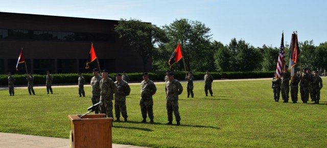 102nd Training Division soldiers participate in the change of command ceremony at the Maneuver Support Center of Excellence Plaza at Fort Leonard Wood, Missouri, Aug. 13, 2022.