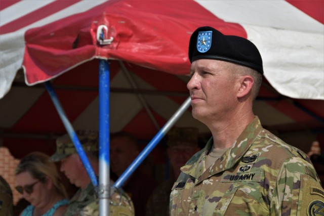 Brig. Gen. Matthew S. Warne, commanding general of the 102nd Training Division, inspects his new unit during a change of command ceremony at the Maneuver Support Center of Excellence Plaza at Fort Leonard Wood, Missouri, Aug. 13, 2022.