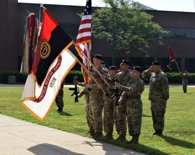 The 102nd Training Division&#39;s Color Guard present arms during the Division&#39;s change of command ceremony at the Maneuver Support Center of Excellence Plaza at Fort Leonard Wood, Missouri, Aug. 13.