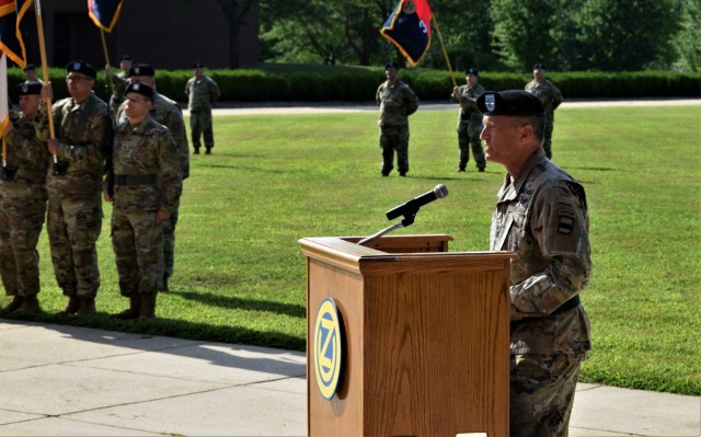 Maj. Gen. Bowlman Bowles III, commanding general of the 80th Training Command, delivers remarks during the 102nd Training Division&#39;s change of command ceremony at the Maneuver Support Center of Excellence Plaza at Fort Leonard Wood, Missouri, Aug. 13, 2022.