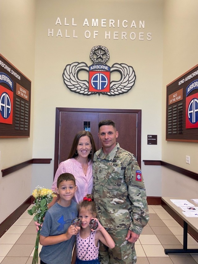 Sgt. 1st Class Christopher Zamudio, a combat arms advisor with the U.S. Army Security Assistance Command, will represent SATMO in the Army Materiel Command-level Best Warrior competition at Fort Benning, Georgia, Aug. 14-17, 2022.  He is pictured with his wife and children.