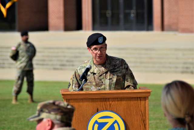 Brig. Gen. Matthew S. Warne, commanding general of the 102nd Training Division, addresses the command during the division&#39;s change of command ceremony at the Maneuver Support Center of Excellence Plaza at Fort Leonard Wood, Missouri, Aug. 13, 2022.