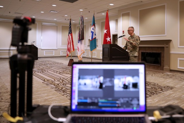 Combined Arms Center and Fort Leavenworth Commanding General Lt. Gen. Theodore Martin speaks during the Combined Arms Center-Training assumption of responsibility ceremony for Col. Scott Woodward Aug. 12, 2022 at the Frontier Conference Center, Fort Leavenworth, Kan. The ceremony was also streamed via Facebook Live. Photo by Tisha Swart-Entwistle, Combined Arms Center-Training Public Affairs.