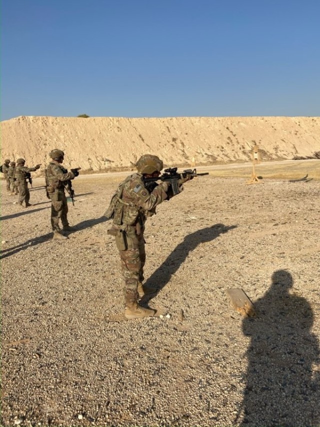 (Far right) Sgt. 1st Class Christopher Zamudio hones his marksmanship skills on the range. Zamudio, a combat arms advisor with the U.S. Army Security Assistance Command, will represent SATMO in the Army Materiel Command-level Best Warrior competition at Fort Benning, Georgia, Aug. 14-17, 2022. 