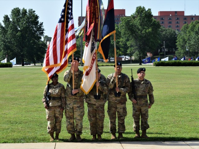 The 102nd Training Division&#39;s Color Guard at the division&#39;s change of command ceremony at the Maneuver Support Center of Excellence Plaza at Fort Leonard Wood, Missouri, Aug. 13. 