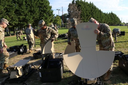 Soldiers from the Delaware Army National Guard 198th Expeditionary Signal Battalion-Enhanced (ESB-E) train on the Scalable Network Node, which is part of the unit’s modernized smaller, lighter, faster ESB-E equipment set, in New Castle Delaware, on August 9, 2022. This is the first Army National Guard unit to be fielded with this new scalable and tailorable network equipment set.