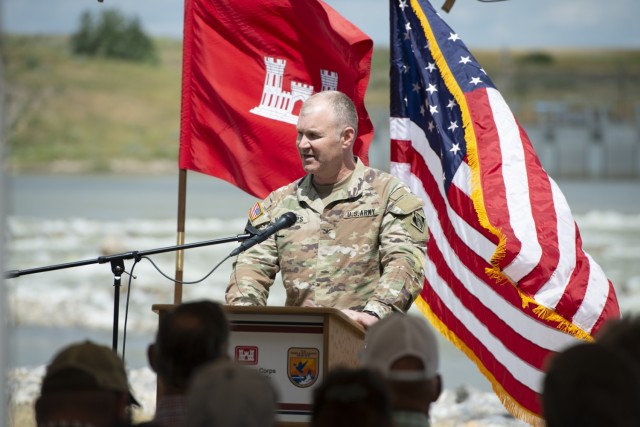 Col. Geoff Van Epps, Commander, U.S. Army Corps of Engineers Northwestern Division, speaks to the attendees during the ribbon cutting ceremony for the Lower Yellowstone Bypass Channel  in Glendive, Mont., July 26, 2022. 