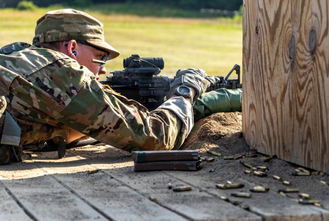 Army ROTC Cadet Jake Gleason completes his M-4 carbine qualification at Fort Knox, Ky., July 2, 2022. Gleason scored a 34 out of 40 targets earning him sharp-shooter. | Photo by Savannah Baird, CST Public Affairs Office