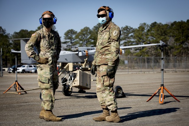 Soldiers from 1st Armored Brigade Combat Team, 1st Infantry Division, Fort Riley, Kan. prepare the AeroVironment, Inc, JUMP20 for flight at the FTUAS Rodeo at Leyte West Airfield, Fort Benning, Georgia. 

(U.S. Army Photo by Mr. Luke J. Allen)

