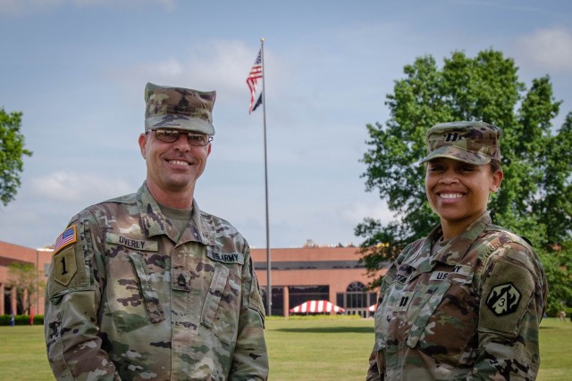 With 33 years of Army service, Sgt. 1st Class Charles Overly (left), the 3rd Chemical Brigade’s NCO in charge of operations, has been wearing an Army uniform longer than many of the new recruits arriving to Fort Leonard Wood have been alive. He...