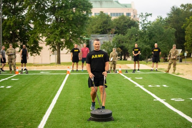Maj. Jordan Dilena, U.S. Army Aviation and Missile Command executive officer, participates in the Army Combat Fitness Test, July 26, 2022, on the new field adjacent to AMCOM headquarters on Redstone Arsenal, Ala. (U.S. Army photo by Jeremy Coburn)