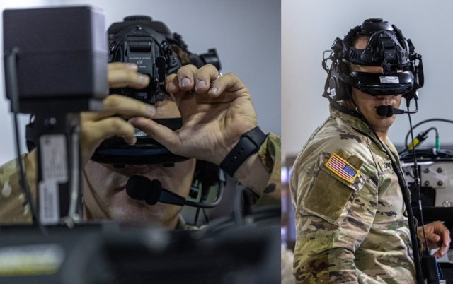 A U.S. Army Soldier adjusts his virtual reality headset during an evaluation of the STE RVCT.