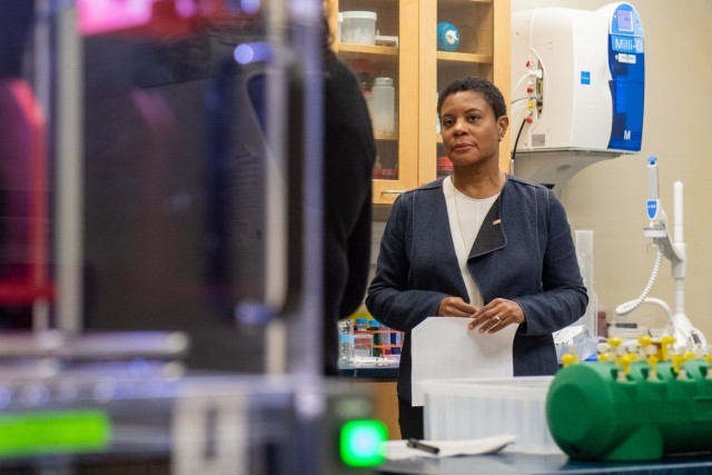 Dr. Alondra Nelson, who is performing the duties of director of the White House Office of Science and Technology Policy, listens to a briefing, Aug. 23, 2022, at the DEVCOM Army Research Laboratory.