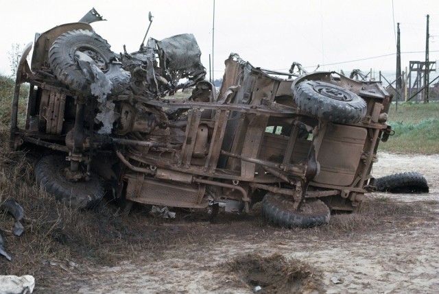 This Army truck was flipped over on its side by a 122mm rocket attack.