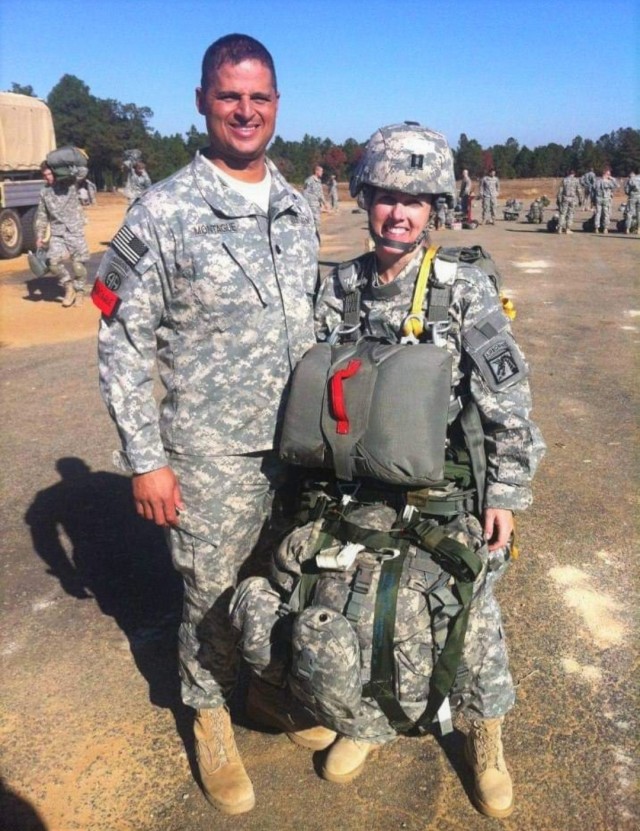 Lt. Col. Kareem P. Montague and then Capt. Kyle M. Meisner pose for a photo prior to a jump at St. Mere Drop Zone at Fort Bragg, N.C., 2015. 