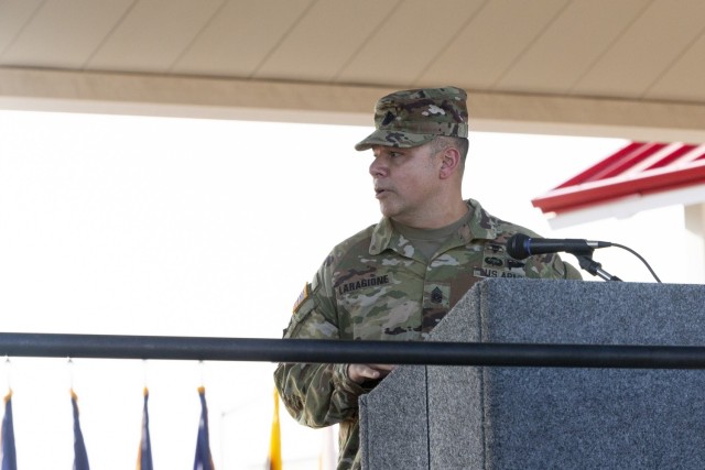 The incoming U.S. Army Medical Center of Excellence senior enlisted advisor Command Sgt. Maj. Victor Laragione, addresses the audience during the change of responsibility ceremony conducted on MacArthur Parade Field, Joint Base San Antonio – Fort Sam Houston, Texas, August 26, 2022. Laragione assumed responsibility from Command Sgt. Major Clark Charpentier. U.S. Army photo by Francis Trachta, Army Medical Department Museum.