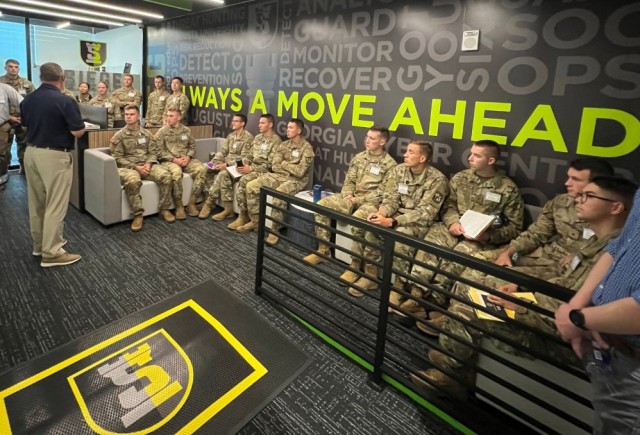 Reserve Officer Training Corps (ROTC) cadets representing 12 universities across the U.S. get a briefing from the Augusta University Security Operation Center at the Georgia Cyber Center in Augusta, Ga., as part of a four-week ROTC internship with ARCYBER, July 25-Aug. 21, 2022.